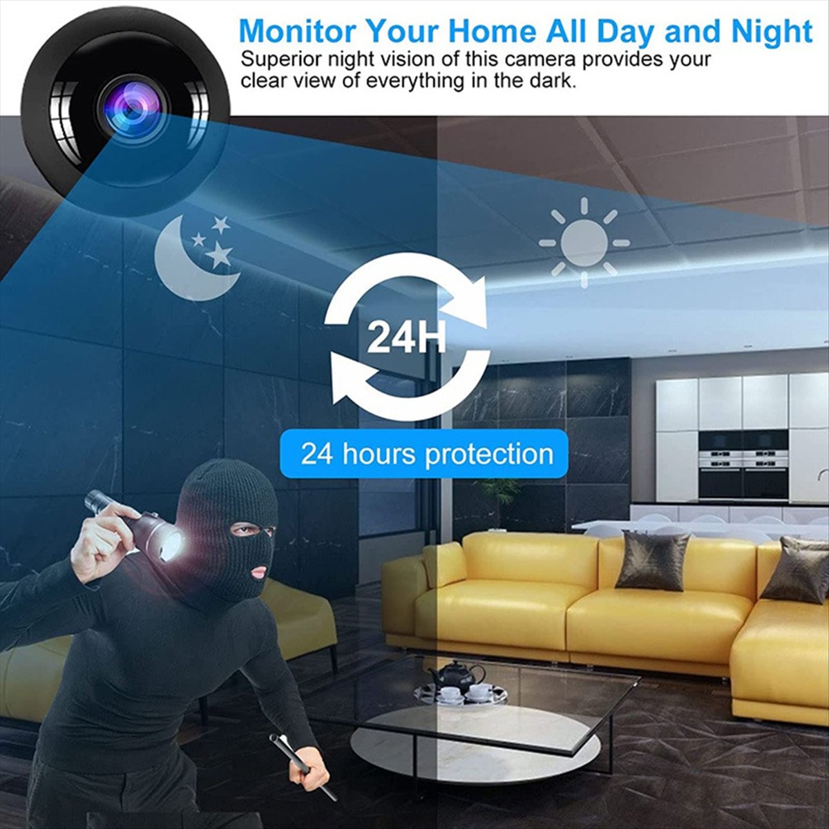 Smart Home Kamera - กล้องวงจรปิดขนาดเล็ก 1080P แบบสมาร์ทโฮม มองเห็นในเวลากลางคืนด้วยระบบ Fisheye HD
